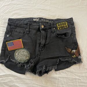Mossimo Denim Shorts Patches Patch Size 10 Hawaii GOOD VIBES Stretch Women's